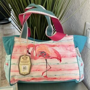 Sun N Sand Flamingo Womens Beach Colorful Side Pocket Tote Bag NWT